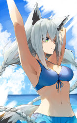 Rule 34 | 1girl, ahoge, alternate hairstyle, animal ears, armpits, arms up, bad id, bad pixiv id, bikini, blue bikini, blue sky, braid, breasts, cleavage, closed mouth, cloud, cloudy sky, commentary, cowboy shot, earrings, fox ears, fox tail, green eyes, groin, hair between eyes, highres, hololive, jewelry, long hair, low-braided long hair, low-tied long hair, medium breasts, midriff, navel, ocean, one eye closed, outdoors, shirakami fubuki, shirakami fubuki (hololive summer 2019), sideboob, silver hair, sky, smile, solo, sunlight, swimsuit, tail, toto (kuro toto), twin braids, twintails, virtual youtuber