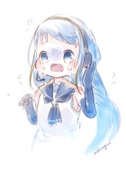 Rule 34 | 1girl, blue eyes, blue hair, crying, crying with eyes open, flying sweatdrops, headphones, highres, kantai collection, long hair, open mouth, rabbitmegumi, sad, samidare (kancolle), simple background, sobbing, solo, tears, upper body, very long hair, wavy mouth