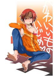 Rule 34 | 10s, 1girl, :p, :q, barefoot, blush, bootyan, casual, denim, feet, hair ornament, hairclip, hino akane (smile precure!), jeans, looking at viewer, off shoulder, orange shirt, pants, ponytail, precure, red eyes, red hair, shaded face, shirt, short hair, smile, smile precure!, soles, solo, toes, tongue, tongue out
