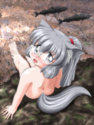 Rule 34 | 1girl, animal ears, arm support, artist request, blush, fang, fish, fox ears, glasses, grey eyes, grey hair, long hair, looking at viewer, matching hair/eyes, nude, open mouth, original, ponytail, sitting, smile, solo, sparkle, tail, wading, water