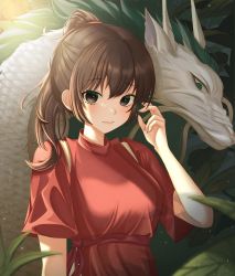 Rule 34 | 1boy, 1girl, absurdres, belt, black eyes, blush, breasts, brown eyes, brown hair, commentary, doongdang, dragon, eastern dragon, haku (sen to chihiro no kamikakushi), highres, japanese clothes, leaf, long hair, medium breasts, ogino chihiro, ponytail, red belt, sen to chihiro no kamikakushi, short hair, short sleeves, smile, solo focus, symbol-only commentary