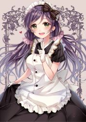 Rule 34 | 10s, 1girl, :d, apron, bow, dress, frilled apron, frills, gloves, green eyes, hair bow, heart, index finger raised, long hair, looking at viewer, love live!, love live! school idol festival, love live! school idol project, low twintails, maid, maid apron, maid headdress, open mouth, purple hair, sakura hiyori, scrunchie, short sleeves, skirt hold, smile, solo, striped, striped bow, tojo nozomi, twintails, white gloves