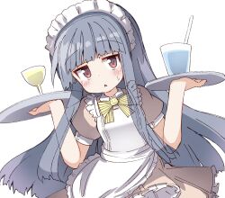 Rule 34 | 1girl, apron, blue hair, blush, bow, bowtie, brown dress, commentary, cup, dot nose, dress, drinking glass, drinking straw, frilled apron, frilled skirt, frills, hands up, highres, holding, holding tray, idolmaster, idolmaster cinderella girls, jitome, long hair, looking at viewer, maid, maid apron, maid headdress, puffy sleeves, red eyes, sajo yukimi, sidelocks, skirt, solo, sweat, tray, triangle mouth, umberblack, white apron, white background, yellow bow, yellow bowtie