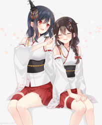 Rule 34 | 2girls, ahoge, aiguillette, black hair, braid, breasts, brown hair, closed eyes, cosplay, detached sleeves, epaulettes, floral print, hair between eyes, hair flaps, hair ornament, hair over shoulder, hair ribbon, hakama, hakama short skirt, hakama skirt, highres, japanese clothes, kantai collection, long hair, medium breasts, medium hair, multiple girls, naoto (tulip), nontraditional miko, obi, red eyes, red hakama, red ribbon, ribbon, sash, shigure (kancolle), shigure kai ni (kancolle), single braid, sitting, skirt, small breasts, white sleeves, wide sleeves, yamashiro (kancolle), yamashiro (kancolle) (cosplay), yamashiro kai ni (kancolle)