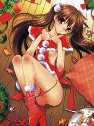 Rule 34 | 00s, 1girl, 2007, artist name, body blush, brown eyes, brown hair, cake, capelet, christmas, flat chest, floor, food, food on face, gingerbread man, highres, indoors, long hair, looking at viewer, lying, nipple slip, nipples, on back, ornament, panties, parted lips, pillow, pom pom (clothes), pussy, red panties, red socks, sakuraniku umatarou, santa costume, scan, snowflakes, socks, solo, twintails, uncensored, underwear