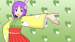 Rule 34 | 1girl, animal ears, aq (bb009ma), dancing, female focus, flower, flower on head, gradient background, hair ornament, hand on own hip, heart, hieda no akyuu, hip focus, japanese clothes, maru-toku series, no nose, open mouth, outstretched arm, purple eyes, purple hair, rabbit ears, short hair, solo, touhou