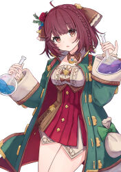 Rule 34 | 1girl, ahoge, atelier (series), atelier sophie, atelier sophie 2, blue coat, brown eyes, coat, collared coat, corset, cross-laced clothes, cross-laced top, dalachi (headdress), flask, frills, hair ornament, highres, holding, holding flask, jewelry, legs together, long coat, long sleeves, looking at viewer, necklace, open mouth, red hair, red skirt, round-bottom flask, sateto (user knrf2332), short hair, simple background, skirt, solo, sophie neuenmuller, white background