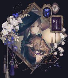 Rule 34 | 1girl, absurdres, black gloves, black hair, brooch, bug, butterfly, candle, candlelight, earrings, flower, fork, framed, gloves, hat, highres, holding, bug, jewelry, knife, long hair, original, picture frame, ring, scissors, solo, spoon, tassel, twintails, witch hat, yoggi (stretchmen)