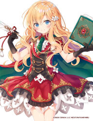 Rule 34 | 1girl, black gloves, blonde hair, blue eyes, book, braid, c:, cape, character request, closed mouth, copyright request, cowboy shot, dot nose, dress, feathers, flower, frills, gloves, hair flower, hair ornament, highres, holding, holding book, holding quill, long hair, looking at viewer, quill, red dress, red tassel, serino itsuki, single braid, sleeveless, sleeveless dress, smile, solo, tassel, white background, white flower, white hair