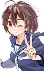 Rule 34 | 1girl, brave witches, brown hair, commentary request, hair ornament, hairclip, homare (homaredai), karibuchi hikari, one eye closed, red eyes, sailor, school uniform, serafuku, short hair, simple background, smile, solo, upper body, v, white background, world witches series