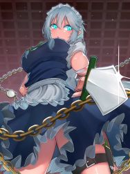 Rule 34 | 1girl, absurdres, angry, apron, assertive female, blue eyes, breasts, ceiling, chain, ears, frilled apron, frilled skirt, frilled sleeves, frills, from below, green ribbon, hand on own hip, highres, holding, holding knife, holding weapon, holster, huge filesize, indoors, izayoi sakuya, knife, knife sheath, knife sheath, large breasts, looking at viewer, looking down, maid, maid apron, maid headdress, nail polish, open mouth, pocket watch, pointing, pointing at viewer, ribbon, sazaki (sakiyuikun), sheath, sidelocks, silver hair, skirt, standing, thighs, threatening, touhou, watch, weapon