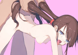 Rule 34 | 1boy, 1girl, blue eyes, blush, breasts, brown hair, commentary request, doggystyle, fellatio, fukutchi, grabbing another&#039;s hair, hetero, long hair, medium breasts, nipples, nude, open mouth, oral, original, outline, pink background, ponytail, sex, sex from behind, simple background, solo focus, tongue, tongue out, twintails, vaginal