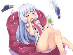 Rule 34 | 1girl, bare arms, bare legs, blunt bangs, blush, closed eyes, commentary request, crossed legs, cup, drink, drinking glass, drinking straw, hair ribbon, headgear, highres, holding, holding cup, kantai collection, kurokoshou (emuburemu123), long hair, murakumo (kancolle), murakumo kai ni (kancolle), open mouth, red neckwear, ribbon, short eyebrows, silver hair, simple background, sitting, solo, thighs, tress ribbon, white background