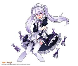 Rule 34 | 1boy, add (elsword), apron, black dress, blush, character name, copyright name, crossdressing, dress, dress tug, elsword, frilled dress, frills, hair between eyes, highres, hwansang, long hair, maid headdress, male focus, open mouth, purple ribbon, red eyes, ribbon, silver hair, simple background, solo, standing, tears, thighhighs, trap, white background, white thighhighs