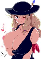 Rule 34 | 1girl, black tank top, blonde hair, blue eyes, blush, breasts, calenda (kemono friends), closed mouth, collarbone, eyelashes, female focus, hat, hat feather, heart, highres, huge breasts, japanese text, kemono friends, long hair, looking at viewer, mamiyama, motion lines, nipples, no bra, one breast out, one eye closed, puffy nipples, red ribbon, ribbon, shirt, simple background, smile, standing, tank top, translation request, upper body, white background