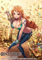 Rule 34 | 1girl, bent over, bikini, bikini top only, bracelet, breasts, cleavage, coin, copyright name, crown, denim, earrings, english text, gem, gold, gold coin, hand on own knee, highres, holding, jeans, jewelry, knees together feet apart, koushi rokushiro, large breasts, long hair, moneybag, nami (one piece), navel, necklace, official art, one piece, one piece card game, orange eyes, orange hair, pants, pearl earrings, pearl necklace, sandals, shoulder tattoo, solo, sparkle, swimsuit, tattoo, tongue, tongue out, translation request, treasure chest, unworn crown, unworn jewelry, unworn necklace, weapon, wooden floor