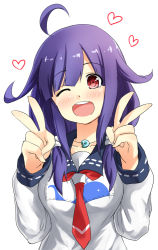 Rule 34 | 10s, 1girl, ahoge, animal print, arai harumaki, blush, collarbone, double v, fish print, head tilt, jewelry, kantai collection, long sleeves, magatama, necklace, necktie, one eye closed, pendant, purple hair, red eyes, red necktie, sailor collar, shirt, simple background, solo, taigei (kancolle), v, white background, white shirt, wink