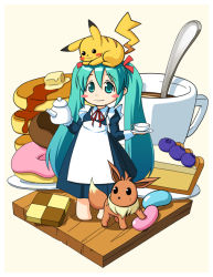 Rule 34 | 1girl, animal, animal on head, barefoot, blueberry, blush stickers, candy, checkerboard cookie, cookie, creatures (company), crossover, doughnut, eevee, food, fruit, game freak, gen 1 pokemon, hatsune miku, jelly bean, long hair, mini person, minigirl, nintendo, on head, pancake, pancake stack, pie, pikachu, pokemon, pokemon (creature), pokemon on head, saotome ryuuichi, smile, teapot, twintails, very long hair, vocaloid