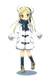 Rule 34 | 1girl, bad id, bad pixiv id, beret, blonde hair, blue eyes, child, coat, full body, gloves, hair ornament, hairclip, hat, izumi rei, kneehighs, looking at viewer, original, plaid, plaid skirt, scarf, simple background, skirt, socks, solo, standing, white background, winter clothes, winter coat