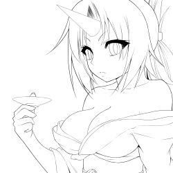 Rule 34 | 1girl, absurdres, alternate hairstyle, bare shoulders, breasts, cleavage, collarbone, cup, female focus, folded ponytail, greyscale, hair up, highres, horns, hoshiguma yuugi, japanese clothes, kimono, large breasts, lineart, long hair, looking at viewer, mattari yufi, monochrome, obi, off shoulder, sakazuki, sash, single horn, solo, touhou