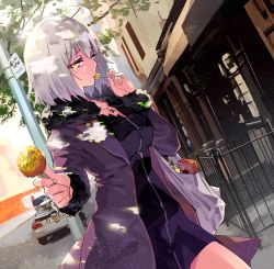 Rule 34 | 1girl, bag, breasts, candy, fate/grand order, fate (series), food, fur-trimmed jacket, fur trim, highres, jacket, jeanne d&#039;arc (fate), jeanne d&#039;arc alter (fate), jeanne d&#039;arc alter (ver. shinjuku 1999) (fate), lollipop, looking at viewer, medium breasts, official alternate costume, plastic bag, pocky, solo, tsurukame, yellow eyes