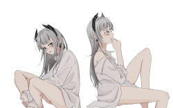 Rule 34 | 1girl, absurdres, alternate costume, arknights, bare legs, barefoot, bite mark, blouse, blush, earrings, from side, grey eyes, grey hair, grey shirt, hand on own face, head wings, highres, injury, invisible chair, irene (arknights), jewelry, knee up, long sleeves, looking at viewer, looking to the side, multiple views, no pants, off shoulder, open mouth, parted lips, profile, shirt, simple background, single bare shoulder, sitting, sleeves past wrists, v-shaped eyebrows, white background, wings, yufeng kaete