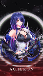 Rule 34 | 1girl, acheron (honkai: star rail), anjanime, artist name, bandaged arm, bandages, black choker, black gloves, black hole, breasts, chain, chain around arm, character name, choker, cleavage, closed mouth, coat, criss-cross halter, detached sleeves, english text, gloves, hair ornament, hair over one eye, halterneck, highres, holding, holding sword, holding weapon, honkai: star rail, honkai (series), katana, large breasts, long hair, midriff, navel, pink lips, purple eyes, purple hair, scabbard, sheath, sheathed, single bare shoulder, single detached sleeve, solo, sword, upper body, very long hair, weapon, white coat