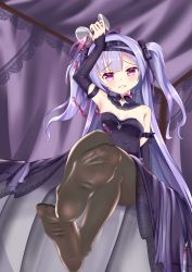 Rule 34 | 1girl, ajax (azur lane), azur lane, blush, cup, drinking glass, feet, female focus, foot focus, from below, hair ribbon, hairband, highres, light purple hair, long hair, looking at viewer, pantyhose, parted lips, pov, purple eyes, ribbon, sitting, soles, solo, toes, twintails, wine glass