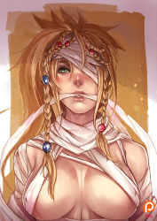 Rule 34 | 1girl, bandages, bandage over one eye, blonde hair, braid, breasts, cosplay, covered erect nipples, final fantasy, final fantasy x, final fantasy x-2, green eyes, kachima, large breasts, mummy, mummy (cosplay), open mouth, patreon logo, rikku (ff10), signature, solo, twin braids, upper body