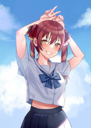 Rule 34 | 1girl, arms up, black skirt, blue bow, blue sky, bow, cloud, commentary request, day, grin, hair between eyes, hair ribbon, heterochromia, hololive, houshou marine, long hair, looking at viewer, midriff peek, minatoasu, outdoors, pleated skirt, red eyes, red hair, red ribbon, ribbon, sailor collar, school uniform, serafuku, shirt, short sleeves, skirt, sky, smile, solo, summer, twintails, virtual youtuber, w, white sailor collar, white shirt, yellow eyes