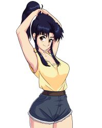 Rule 34 | 1girl, absurdres, breasts, brown eyes, cleavage, highres, katsuragi misato, looking at viewer, medium breasts, neon genesis evangelion, outwardgalaxy, ponytail, purple hair, short shorts, shorts, solo focus, tank top, thighs, white background, wide hips