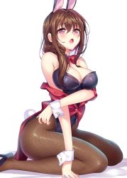 Rule 34 | 1girl, animal ears, bad id, bad twitter id, bare shoulders, blush, bow, bowtie, breasts, brown hair, brown pantyhose, buttons, cleavage, copyright request, detached collar, fake animal ears, fishnet pantyhose, fishnets, high heels, highres, large breasts, leotard, long hair, mole, mole under eye, open mouth, pantyhose, playboy bunny, purple eyes, rabbit ears, rabbit tail, senri gan, simple background, sitting, solo, tail, wariza, white background, wrist cuffs