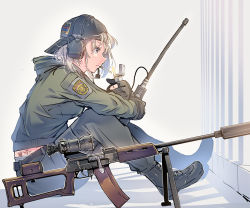Rule 34 | 1girl, baseball cap, bolt action, boots, brown eyes, cigarette, colored eyelashes, daito, fingerless gloves, gloves, gun, hat, headset, light brown hair, lighter, military, mole, mole under eye, mouth hold, original, profile, radio, rifle, scope, short hair, sitting, smoking, solo, tattoo, weapon, white background