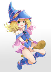 Rule 34 | 1girl, :d, absurdres, arm up, bare shoulders, between legs, blonde hair, blue footwear, blue hat, blue leotard, blush, boots, cape, covered navel, dark magician girl, duel monster, facial mark, full body, gradient background, green eyes, grey background, groin, hat, highres, holding, holding wand, knee boots, kobi (piliheros2000), leotard, long hair, looking at viewer, open mouth, pink cape, smile, solo, wand, white background, wizard hat, yu-gi-oh!, yu-gi-oh! duel monsters