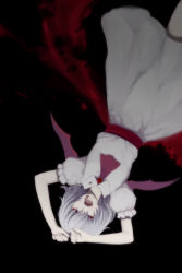 Rule 34 | 1girl, :o, arms up, ascot, brooch, dress, female focus, gem, harano, jewelry, looking at viewer, open mouth, puffy short sleeves, puffy sleeves, red eyes, remilia scarlet, short sleeves, solo, touhou, upside-down, vampire, white dress