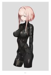 Rule 34 | 1girl, arms behind back, bodysuit, border, breasts, contrapposto, covered navel, cowboy shot, cropped legs, falslander, grey background, grey eyes, lanze reiter (neco), large breasts, neco, original, parted lips, pink hair, short hair, short hair with long locks, sidelocks, simple background, solo