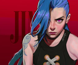 Rule 34 | 1girl, arcane: league of legends, arcane jinx, artist name, blue hair, braid, character name, cloud tattoo, gloves, hair over one eye, jinx (league of legends), league of legends, long hair, looking at viewer, na yeon, pink eyes, red background, serious, shoulder tattoo, solo, tattoo, twin braids, upper body
