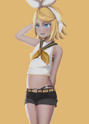 Rule 34 | 1girl, arm behind back, arm up, aruman, belt, black bra, black panties, black shorts, blonde hair, blush, bra, female focus, frills, hairband, highres, kagamine rin, lace, lace-trimmed panties, lace trim, midriff, navel, neckerchief, open mouth, panties, shirt, short hair, short shorts, shorts, simple background, sleeveless, sleeveless shirt, smile, solo, standing, underwear, vocaloid, white hairband, white shirt, yellow background, yellow neckerchief