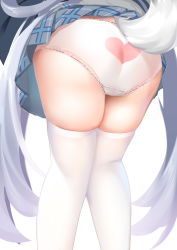 Rule 34 | 1girl, ass, azur lane, chinese commentary, clothes lift, fox girl, fox tail, from behind, grey skirt, heart, heart print, highres, kasumi (azur lane), kneepits, lang yao, legs, long hair, lower body, panties, plaid, plaid skirt, print panties, silver hair, skirt, skirt lift, solo, tail, thighhighs, thighs, underwear, very long hair, white panties, white thighhighs