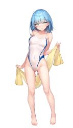 Rule 34 | 1girl, aqua eyes, barefoot, blue eyes, blue hair, blush, breasts, competition swimsuit, covered navel, eyebrows hidden by hair, feet, female focus, full body, game cg, gluteal fold, groin, hand up, highres, large breasts, legs, looking at viewer, medium hair, one-piece swimsuit, original, parted lips, smile, solo, standing, sweat, swimsuit, tachi-e, thighs, toes, towel, transparent background, waymay, wet, wet clothes, yellow towel