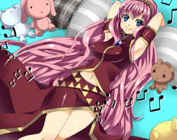Rule 34 | 1girl, armpits, blue eyes, breasts, covered erect nipples, female focus, hair ornament, jewelry, large breasts, long hair, lying, megurine luka, musical note, navel, pillow, skirt, solo, stuffed animal, stuffed toy, very long hair, vocaloid, yui tooru