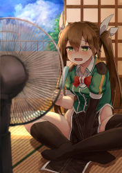 Rule 34 | 10s, 1girl, absurdres, asymmetrical legwear, between legs, black gloves, black socks, blush, breasts, brown hair, buttons, cloud, day, dress, elbow gloves, electric fan, food, gloves, green eyes, hair between eyes, hair ribbon, hand between legs, hand fan, highres, holding, holding food, ice cream, indian style, jacket, kantai collection, kneehighs, long hair, no panties, okitsugu, on floor, open mouth, pelvic curtain, popsicle, puffy short sleeves, puffy sleeves, ribbon, short dress, short sleeves, shouji, side slit, single elbow glove, single kneehigh, single sock, single thighhigh, sitting, sky, sliding doors, small breasts, socks, solo, summer, sweatdrop, tatami, thighhighs, tone (kancolle), tone kai ni (kancolle), tree, twintails, uneven legwear, wall, wavy mouth