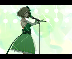 Rule 34 | 10s, 1girl, backless dress, backless outfit, bare shoulders, breasts, brown hair, commentary request, detached sleeves, dress, from side, gloves, green dress, green eyes, green gloves, green theme, hair ribbon, holding, holding microphone, idolmaster, idolmaster cinderella girls, large breasts, letterboxed, looking away, microphone, outstretched arm, parted lips, profile, ribbon, sente, short hair, solo, spotlight, standing, takagaki kaede