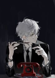 Rule 34 | 1boy, 3367e, black background, black jacket, black necktie, blue lock, buttons, closed mouth, collared shirt, glasses, highres, holding, holding knife, jacket, jewelry, knife, long sleeves, looking to the side, male focus, nagi seishirou, necktie, phone, ring, shirt, solo, table, watch, white shirt, wristwatch