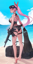Rule 34 | anklet, ass, assault rifle, bag, barefoot, beach, bikini, black bag, black bikini, blue sky, breasts, cleavage, cloud, commentary request, crescent, crescent earrings, day, duffel bag, earrings, goggles, goggles on head, gun, handgun, highres, holding, holding flippers, holding gun, holding weapon, jewelry, large breasts, long hair, looking back, original, pink hair, pointy ears, ponytail, ranyu, red ribbon, ribbon, rifle, sand, sky, swimsuit, very long hair, watch, water, weapon, weapon request, wristwatch, yellow eyes