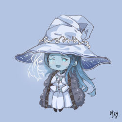 Rule 34 | 1girl, :d, blue background, blue eyes, blue hair, blue skin, blush, cloak, colored skin, dress, elden ring, extra arms, extra faces, full body, fur cloak, hat, large hat, long hair, long sleeves, looking at viewer, m xy, miniature ranni, one eye closed, open mouth, ranni the witch, signature, simple background, smile, solo, very long hair, white dress, witch hat