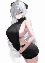 Rule 34 | 1girl, absurdres, armpits, black bow, black sweater, blush, bow, bronya zaychik, bronya zaychik (silverwing: n-ex), cable knit, closed mouth, clothes pull, cowboy shot, drill hair, from side, grey eyes, grey hair, hair bow, highres, honkai (series), honkai impact 3rd, legs together, lilin (pixiv 25958194), long hair, looking at viewer, meme attire, no pants, pink pupils, ribbed sweater, simple background, smile, solo, stomach, sweater, sweater pull, thighs, turtleneck, turtleneck sweater, very long hair, virgin killer sweater, white background