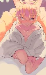 Rule 34 | 1girl, animal ears, bed sheet, blonde hair, breasts, cleavage, collarbone, come hither, covering privates, fox ears, fox tail, from above, highres, looking at viewer, multiple tails, naked blanket, naked sheet, nude, nude cover, short hair, sinzan, small breasts, smile, solo, tail, touhou, yakumo ran, yellow eyes