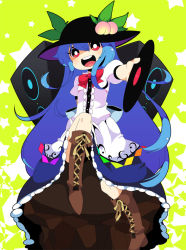 Rule 34 | 1girl, :d, blue hair, hat, hinanawi tenshi, holding, long hair, looking at viewer, mzh, open mouth, record, red eyes, sitting, smile, solo, touhou