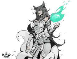 Rule 34 | 1girl, ahri (league of legends), animal ears, bare shoulders, breasts, cleavage, detached sleeves, energy ball, facial mark, fingernails, floating, fox ears, fox girl, fox tail, hair over one eye, hand up, hicham habchi, highres, large breasts, league of legends, long fingernails, long hair, long sleeves, magic, multiple tails, official alternate costume, official art, orb, ruined king: a league of legends story, smile, spot color, tail, whisker markings, white background